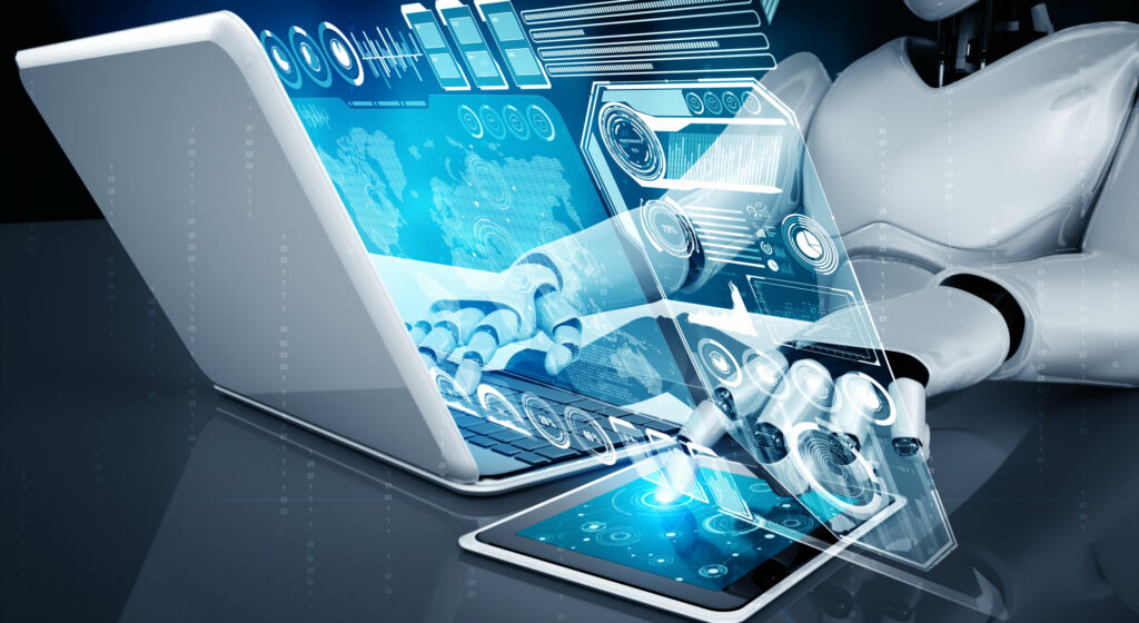 Qualitätssicherung für KI in der Robotik 1 Robot humanoid use laptop and sit at table for big data analytic