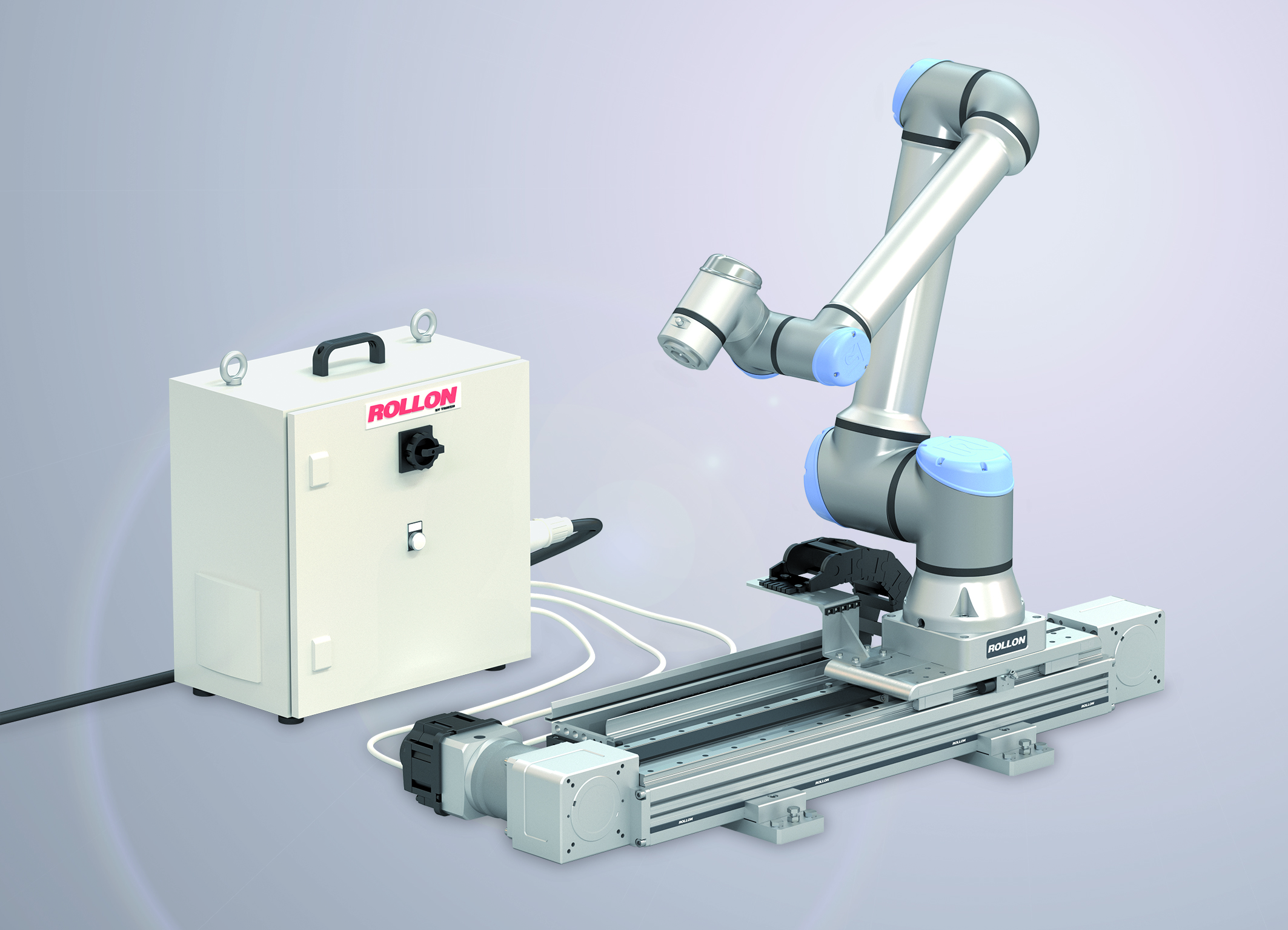 Rollon CTU Cobot Transfer Unit mit Cobot cmyk