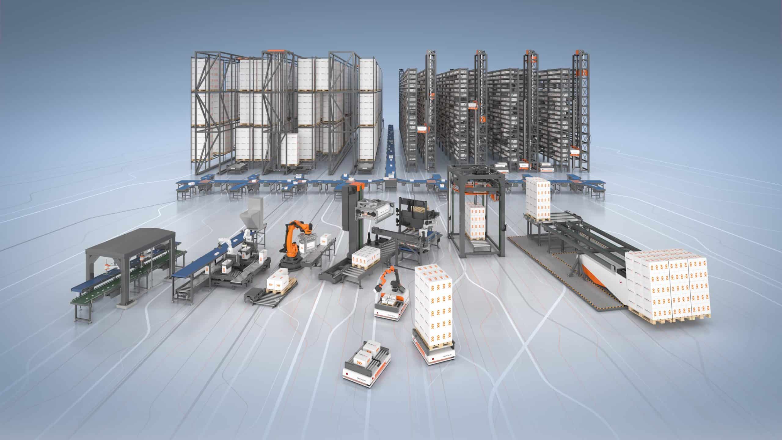 Live auf der Messe übernimmt ein Trapo-AMR mit Moveli-Aufsatz eine Palette mit Kartons.