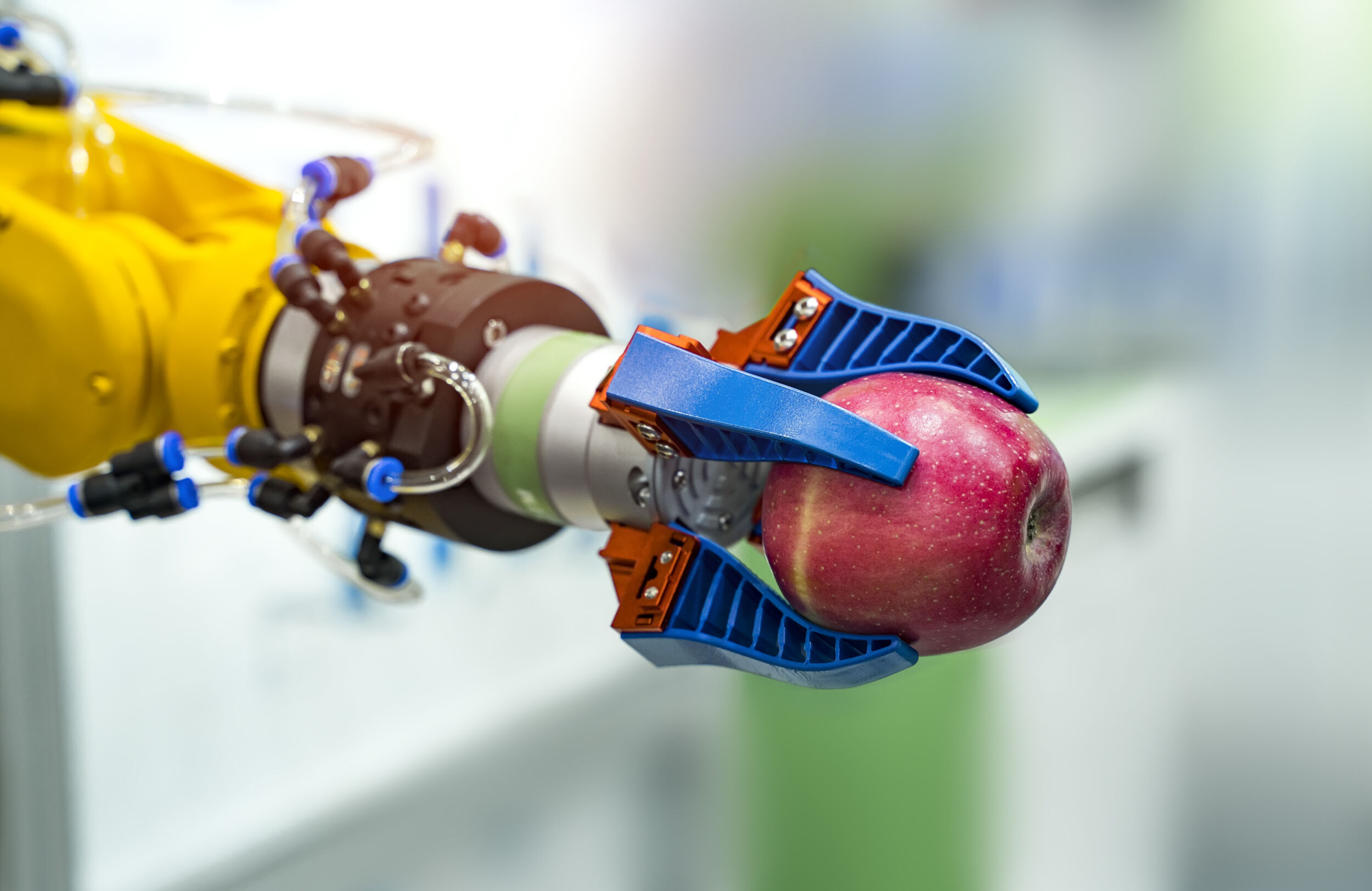 robot hand is holding a red apple. Modern technology and robotic