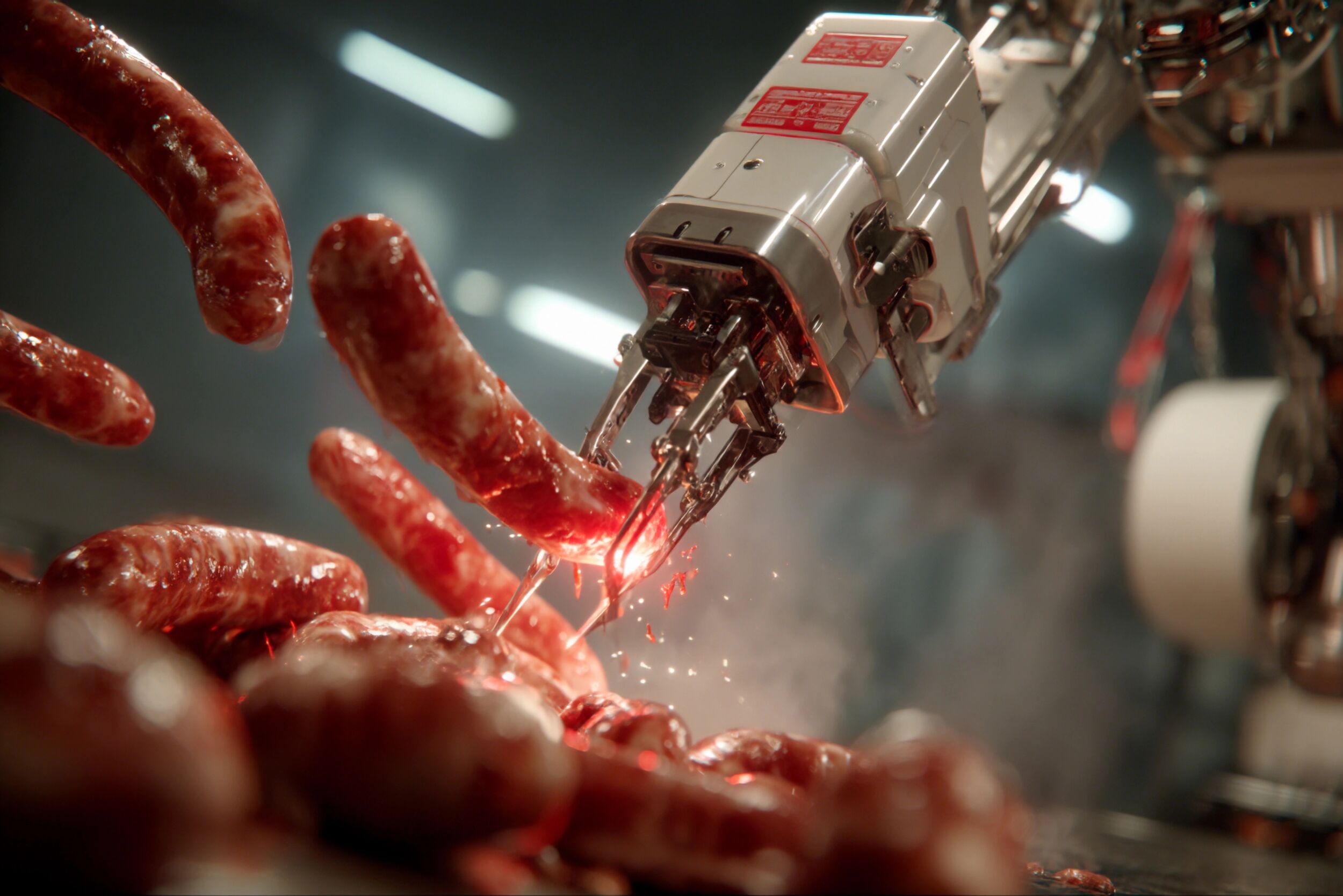 In a high tech food production facility a robotic arm skillfully grasps and processes sausages. The setting emphasizes automation and efficiency in food manufacturing