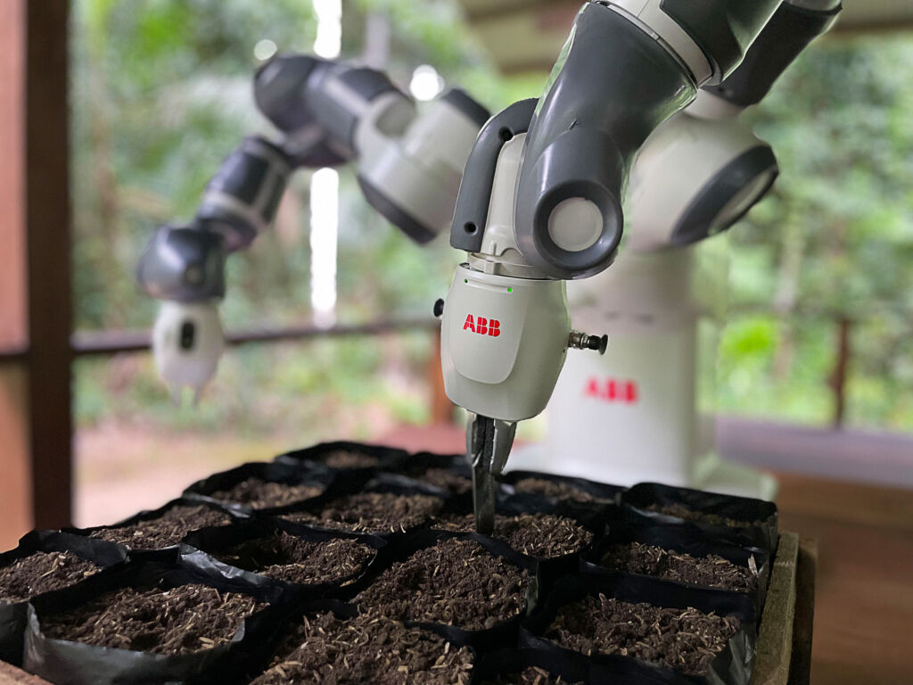 Ein Leben lang 2 Im Amazonas setzt die Non-Profit-Organisation Junglekeepers einen mit Solarenergie betriebenen Cobot zur
automatisierten Einpflanzung von Saatgut ein.