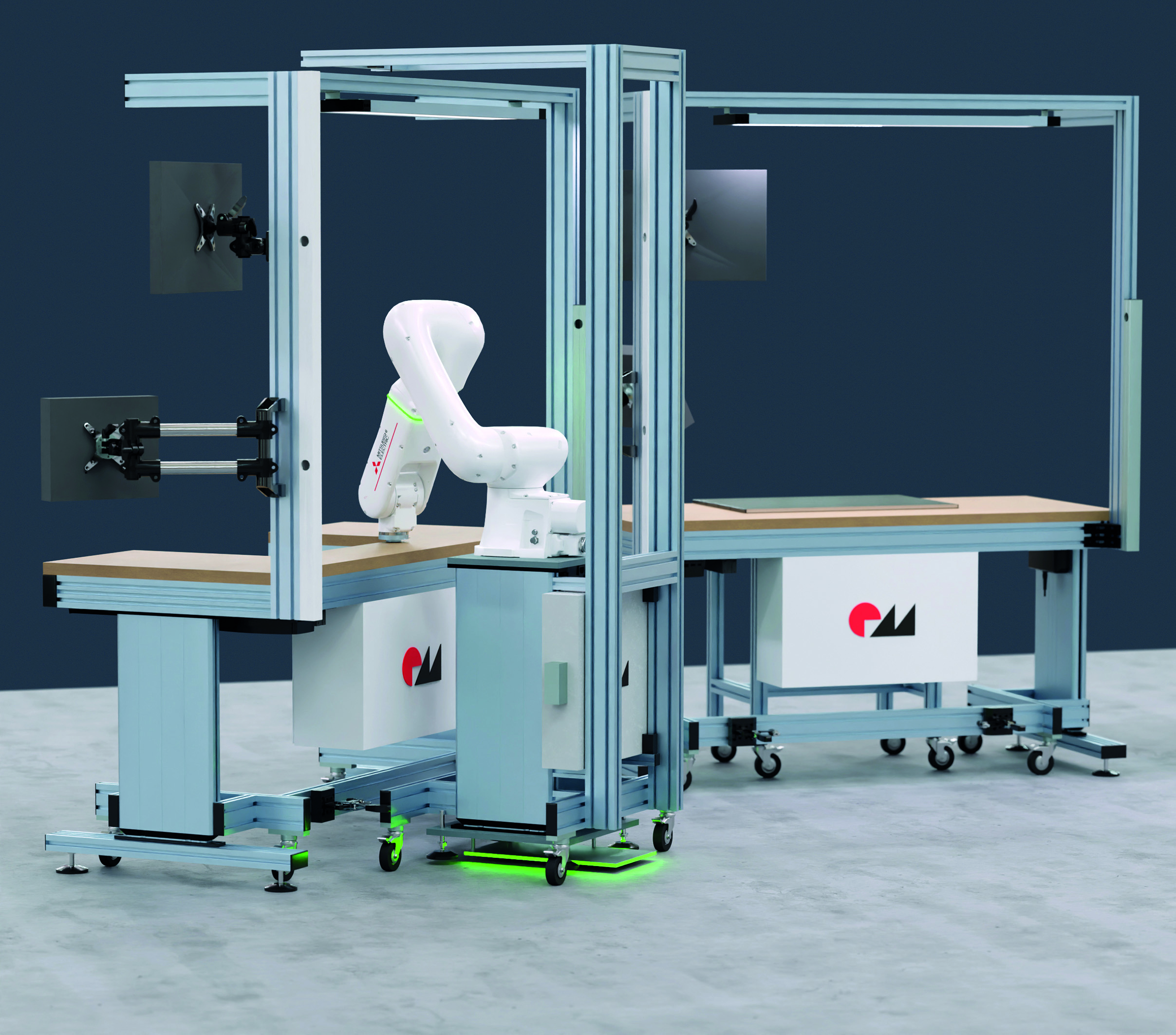 Der mobile Cobot-Wagen RK Easy Cuve von Rose+Krieger ist frei verfahrbar und kalibriert seine Positionswechsel automatisch auf 0,01mm genau.