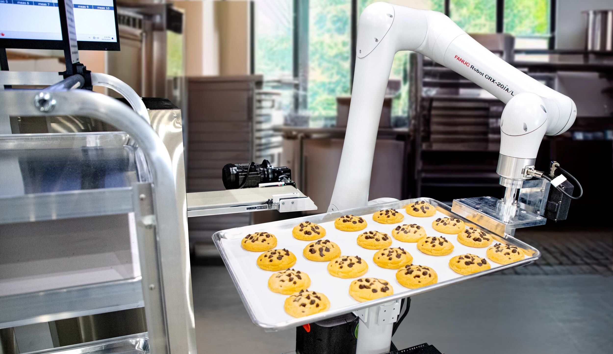 FANUC food grade CRX Cobot loading and unloading cookie trays