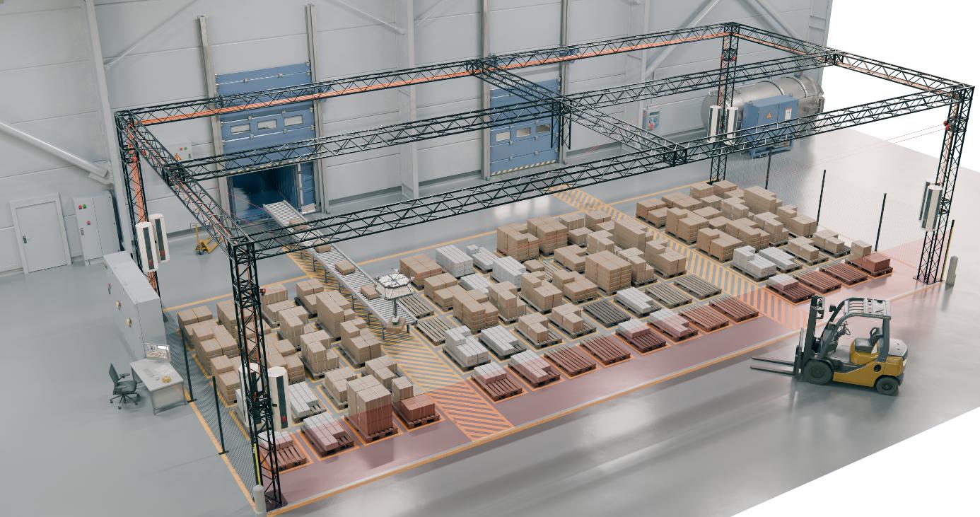Im Wareneingang überspannt der Seilroboter zwei Containertore samt Stellfläche. Ein Förderband führt die Packstücke aus dem Container in den Arbeitsraum, der Roboter setzt sie auf rund 60 Zielpaletten ab, die ohne Gassen dicht an dicht stehen.