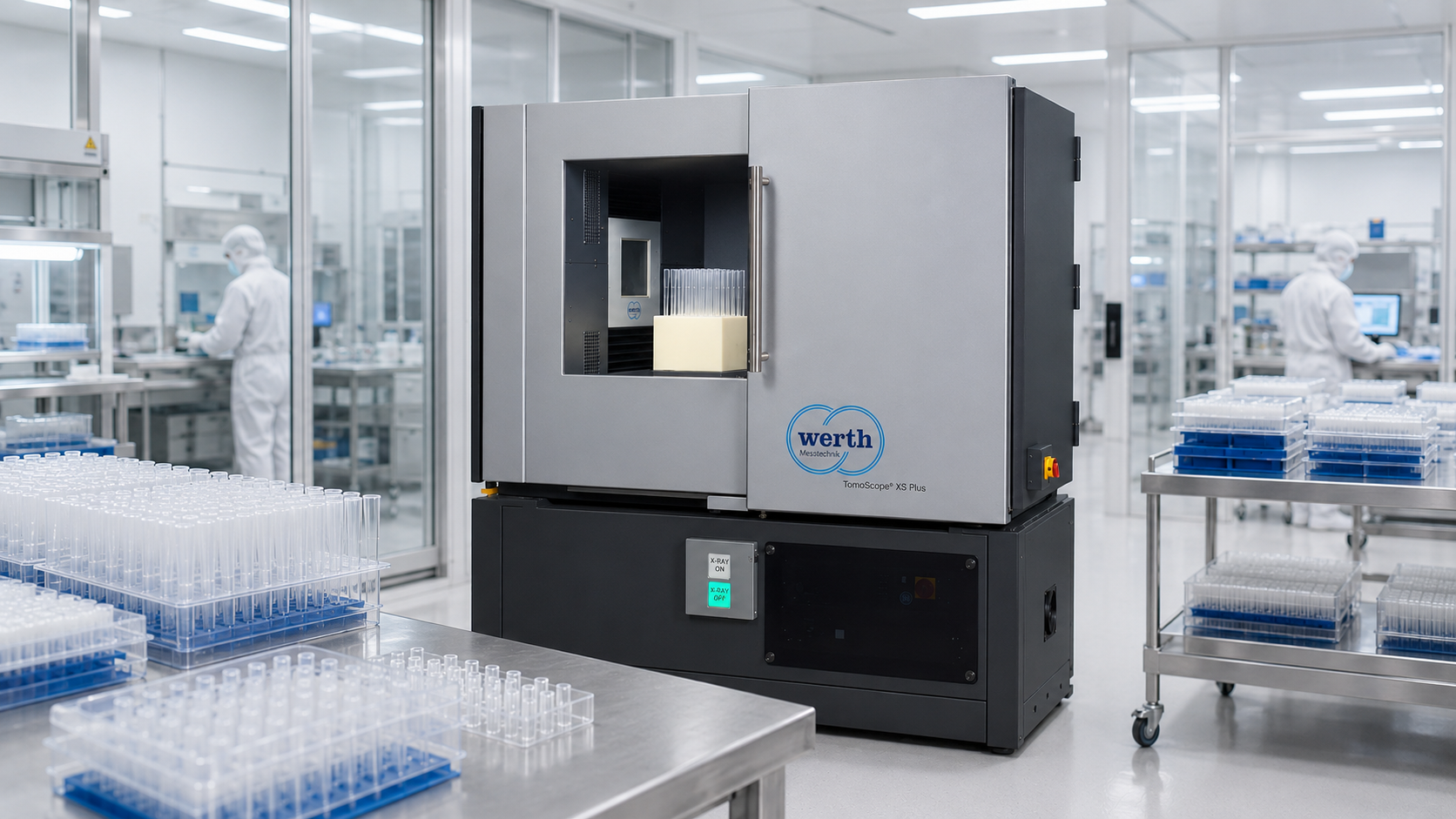 Messen statt Lehren 2 Fertigungsnahe CT-Messung: Das TomoScope XS Plus prüft Pipettenspitzen mit integriertem Werkstückwechsler direkt in der Produktionsumgebung.