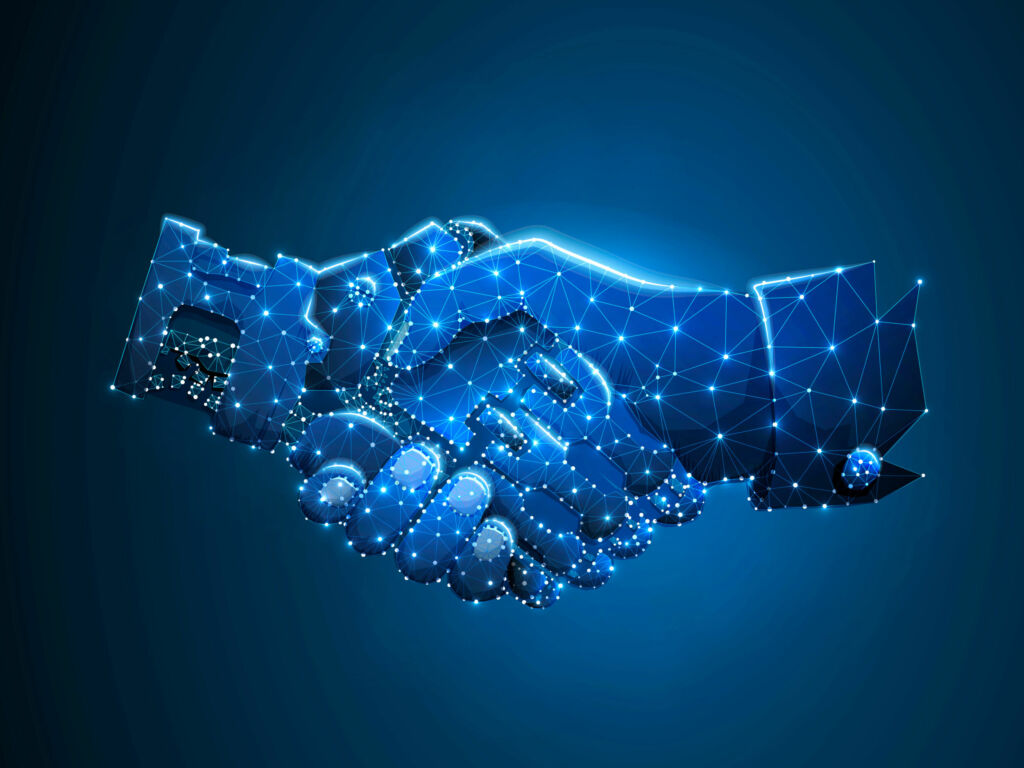 Business human and robot hands shake. Concept future business illustration. Polygonal space low poly with connecting dots and lines. Future wireframe concept. Connection structure. Raster science