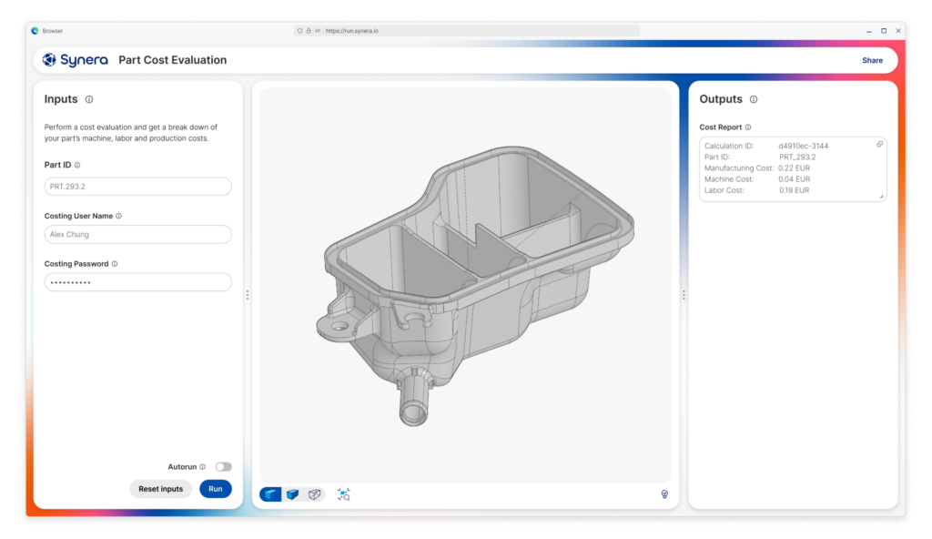 Der Workflow kann &uuml;ber Synera Run im Browser geteilt werden, um auch Mitarbeitende ohne Ingenieurskenntnissen eine M&ouml;glichkeit zu bieten, Bauteilkosten zu ermitteln.