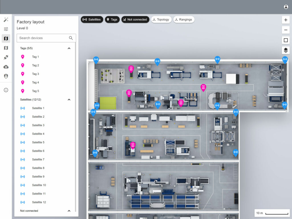 Telekom und Trumpf schließen Vertriebspartnerschaft für 5G-System 1 Fest installierte Empfänger, auch Satelliten genannt, kommunizieren mit mobilen Sendern oder Tags.
