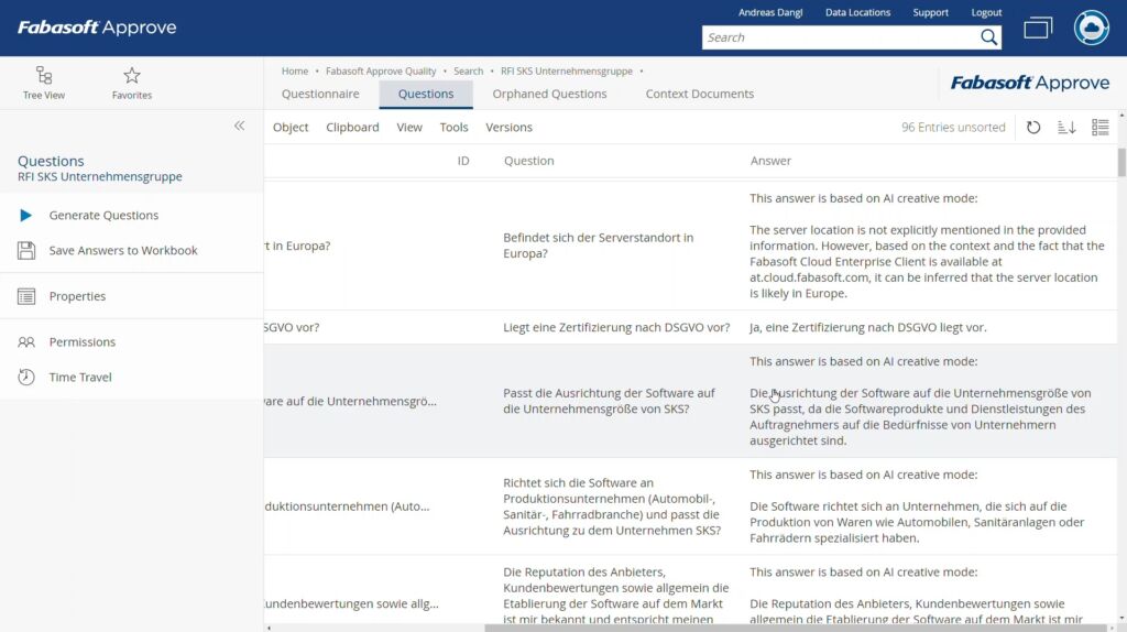Künstliche Intelligenz im DMS/QMS-System Approve 4 Von der KI generierte Antworten in einem Lieferantenaudit.