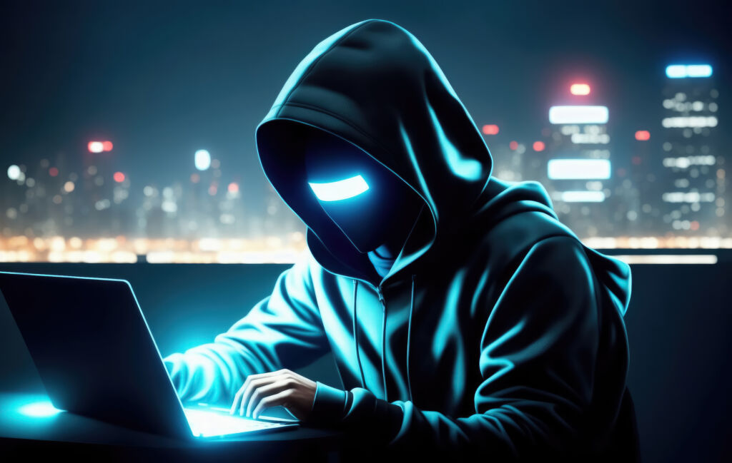 Auch im Darknet ist Black Week 1 Hooded hacker stealing information from a laptop at night. AI Ge