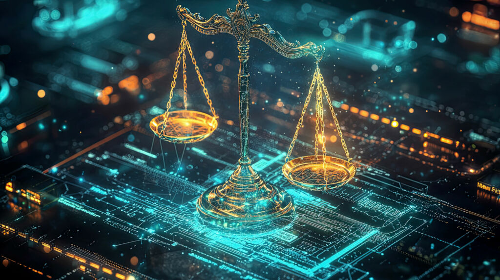 Datenschutzbeauftragte als zentrale Akteure des EU AI Acts 1 Glowing scales of justice balancing AI ethics surrounded by intricate data and technology symbolizing ethical dilemmas and legal frameworks in the governance of AI