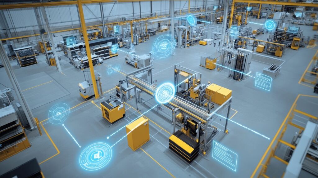 Mit Strategie, Planung und Kooperation zum neuen MES 1 A manufacturing floor filled with sensors strategically p on machinery gathering realtime data to inform predictive maintenance algorithms and streamline operations