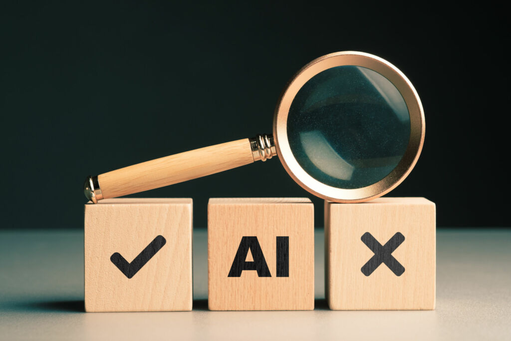 Wenn der Clever-Hans-Effekt zuschlägt 1 AI concept with a magnifying glass and right wrong symbols in the wooden cubes accuracy information from AI advantages and disadvantages right way to use AI