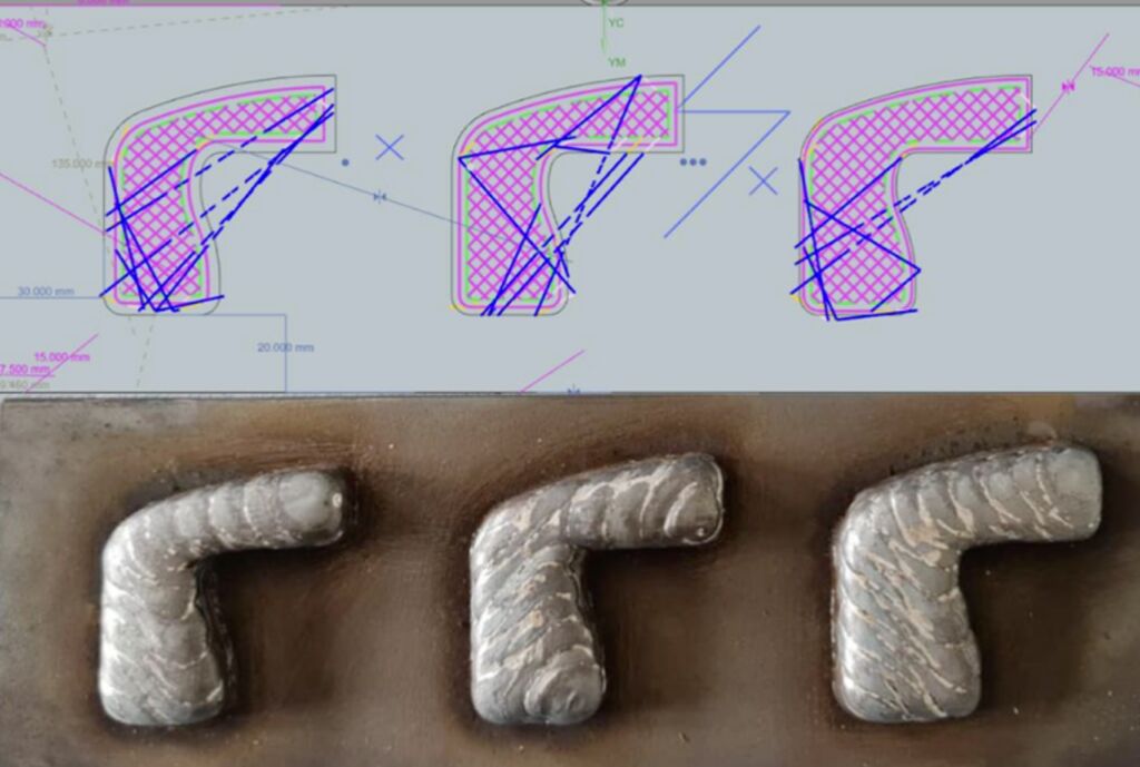 Hybride Fertigung: Additive und subtraktive Verfahren in Kombination 1 Beispielhafte Aufbau-Strategien für großvolumige Bauteilgeometrien am Beispiel eines modifizierten Handgriffsegments. Die Geometrie wurde für den WAAM-Prozess (Wire Arc Additive Manufacturing) angepasst.