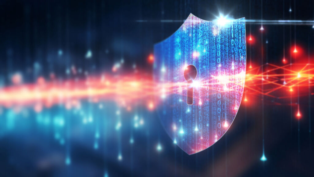 Wann kommt der Q-Day? 1 Cyber security and data protection on internet. Shield, secure access and encrypted connection protecting online information. Password protected system. Cybersecurity technology. crypto encryption