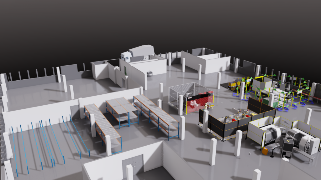 Brücke zwischen digitalem Zwilling und IIoT 2 Beispielhafte Darstellung von Gebäude, Produktionssystem und Simulation.