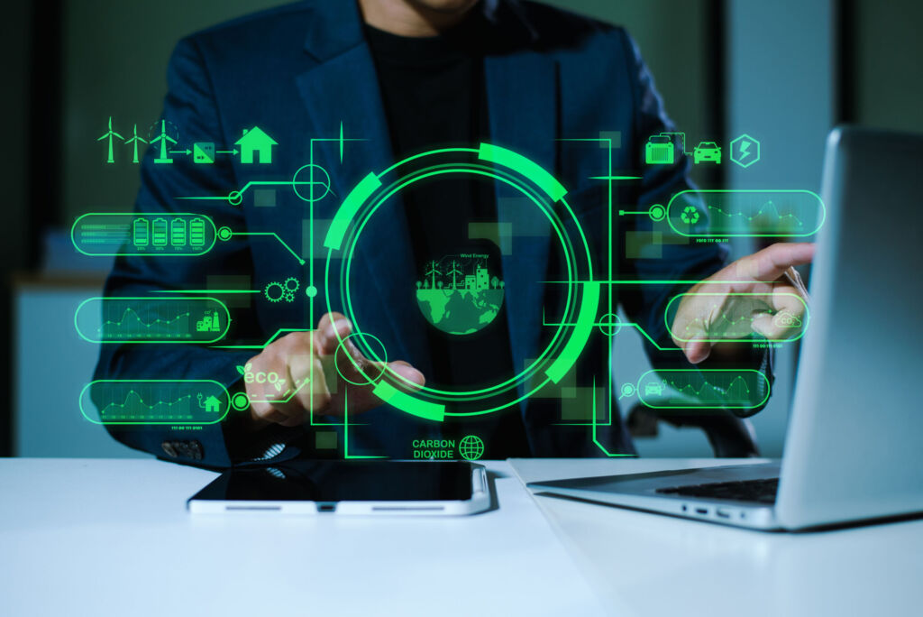 Auf Nachhaltigkeit gesteuert 1 Man using futuristic interface with smart tech and mobile to manage ESG clean energy and sustainability data