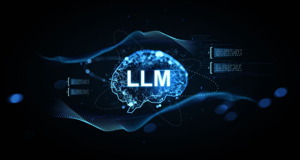 Palo Alto-Team untersucht Dark LLMs 1 Digital brain hologram labeled LLM with futuristic HUD interface glowing data streams and neural concept visualization on dark tech background. 3D Rendering