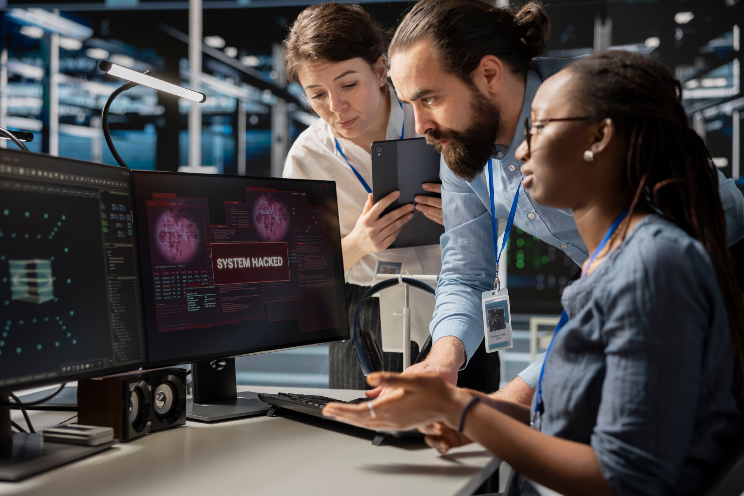 Engineering team in server room viewing security breach alert of zero day exploit vulnerability. Cybersecurity coworkers collaborating to trace intrusion origin and apply emergency patches
