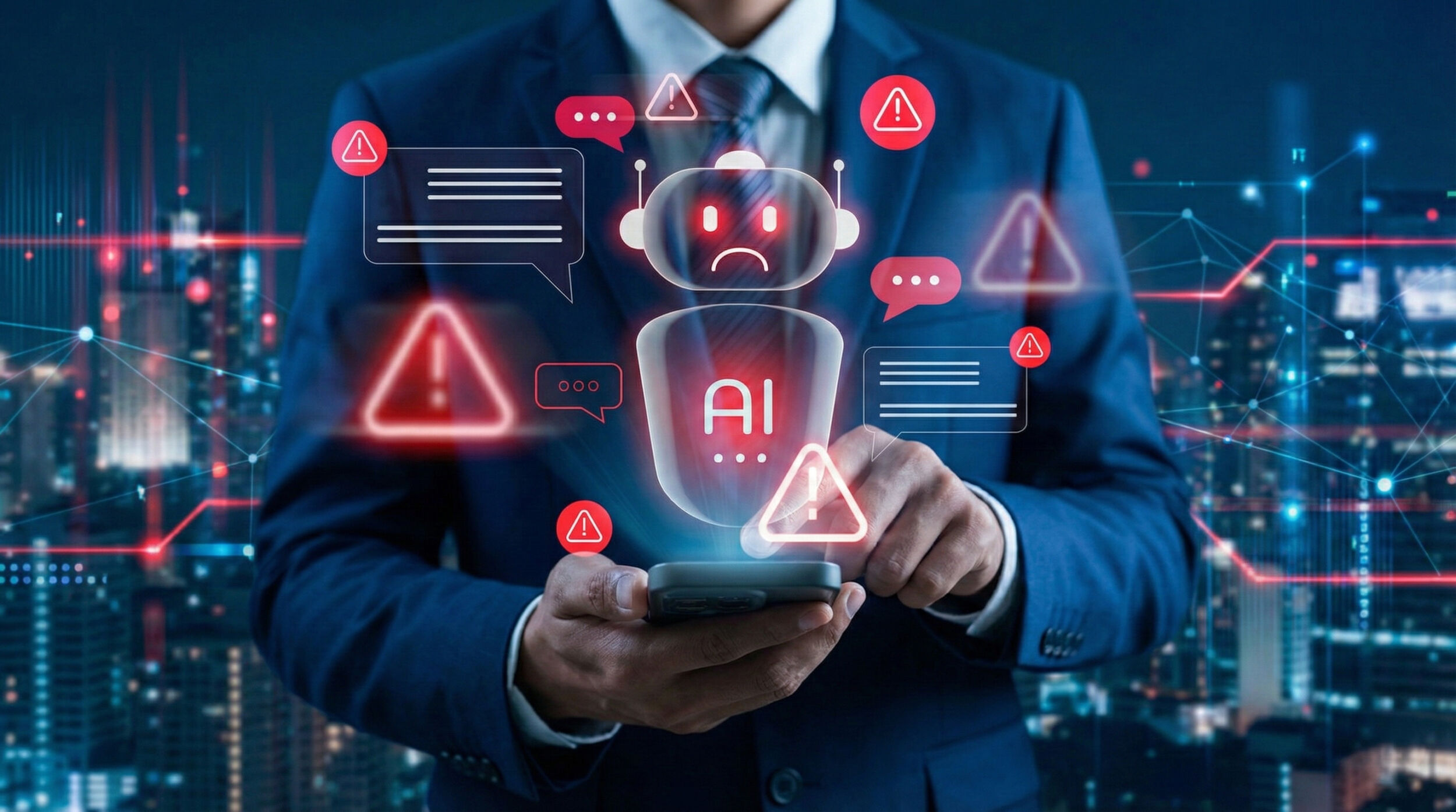 AI chatbot system alert in digital communication environment showing error warning and cybersecurity risk icons highlighting potential data breach and smart automation failure in modern networks