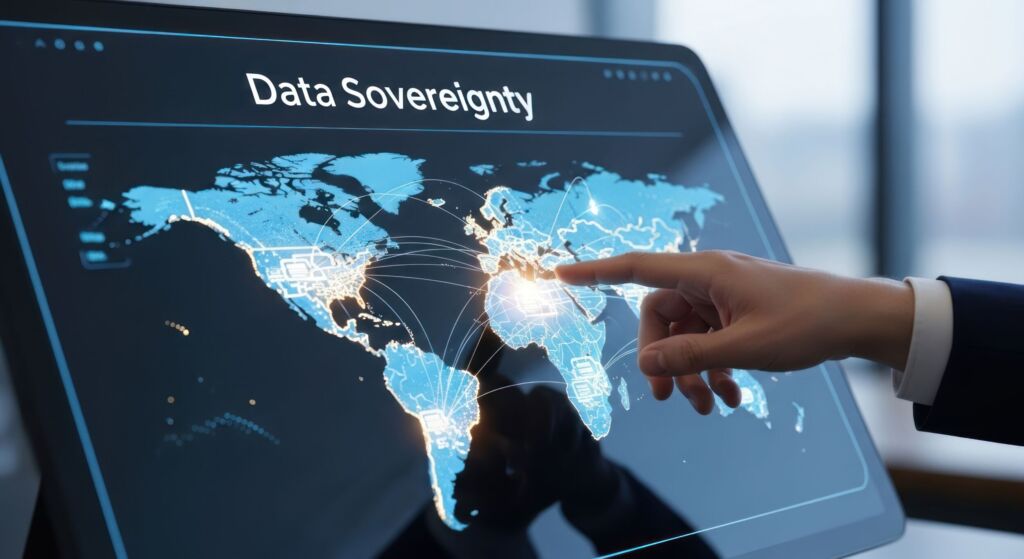 Businessman pointing digital world map with data sovereignty for global connectivity information control digital security international data management strategies