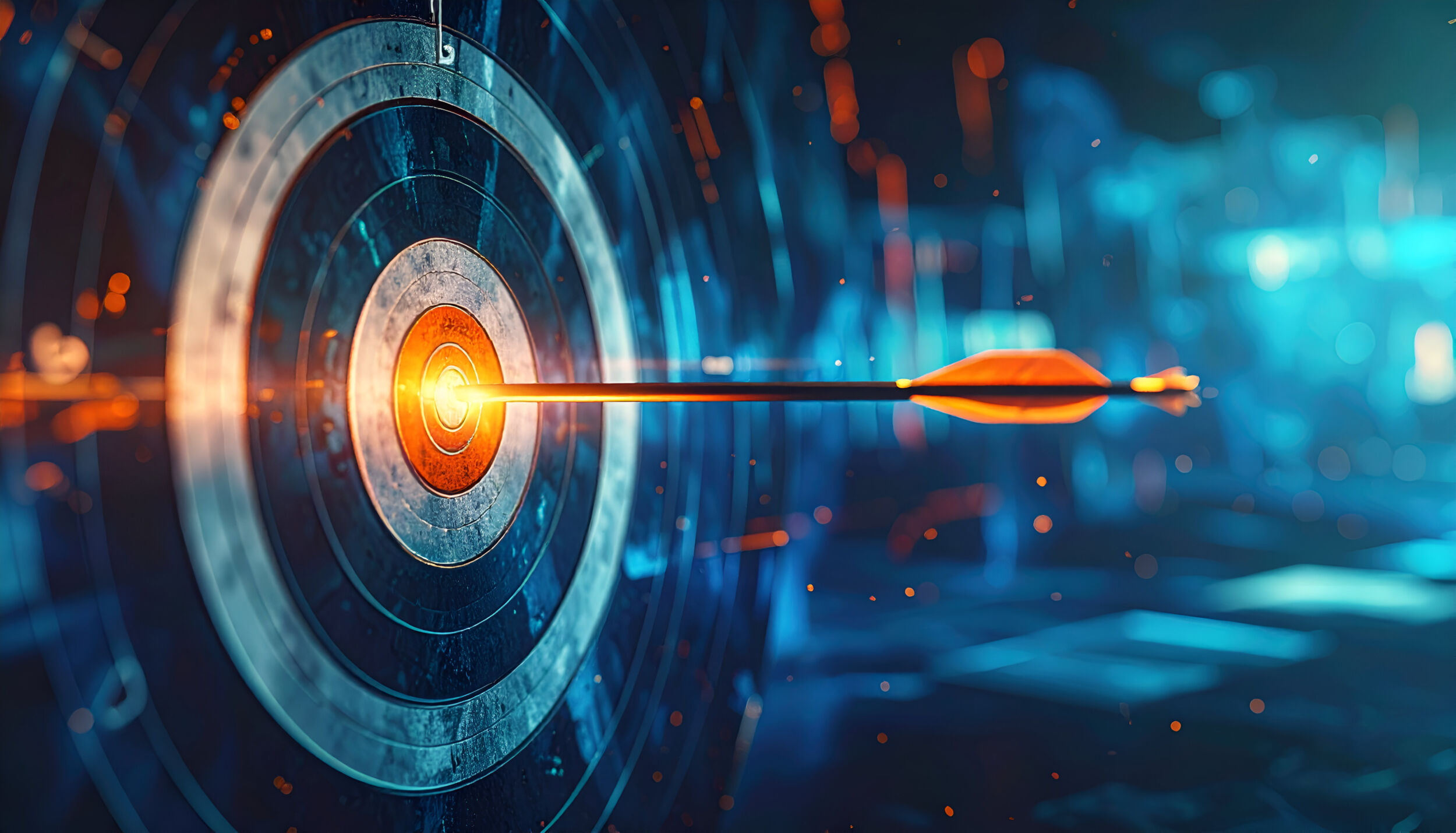 Arrow Hitting Target with Digital Futuristic Technology Background in Blue and Orange Light for Business Conceptual Aim Success and Achievement Metaphor