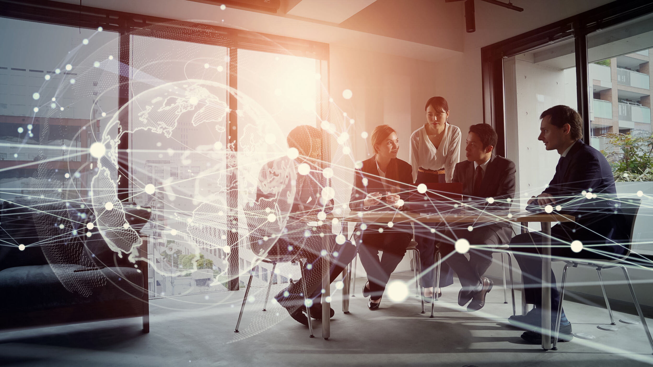 Global business concept. Communication network. Management strat