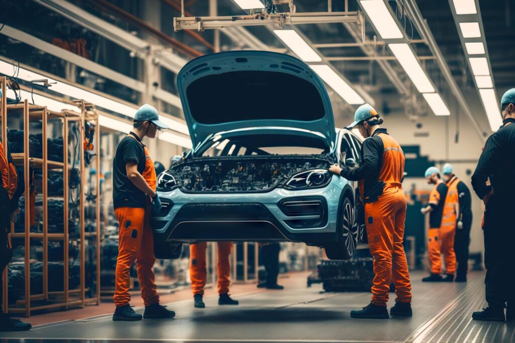 Jedes vierte Industrieunternehmen sieht Verlust an eigener Wettbewerbsfähigkeit 1 workers of automotive industry assemble new cars in workshop