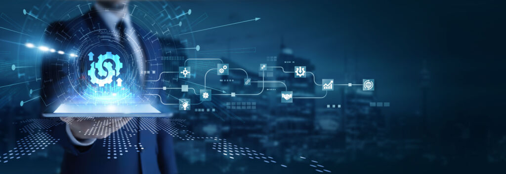 Kein Nutzen ohne Datenqualität 1 Businessman analyzing using tab data on business integration. System unification digital transformation process automation enterprise workflow and technology alignment strategies