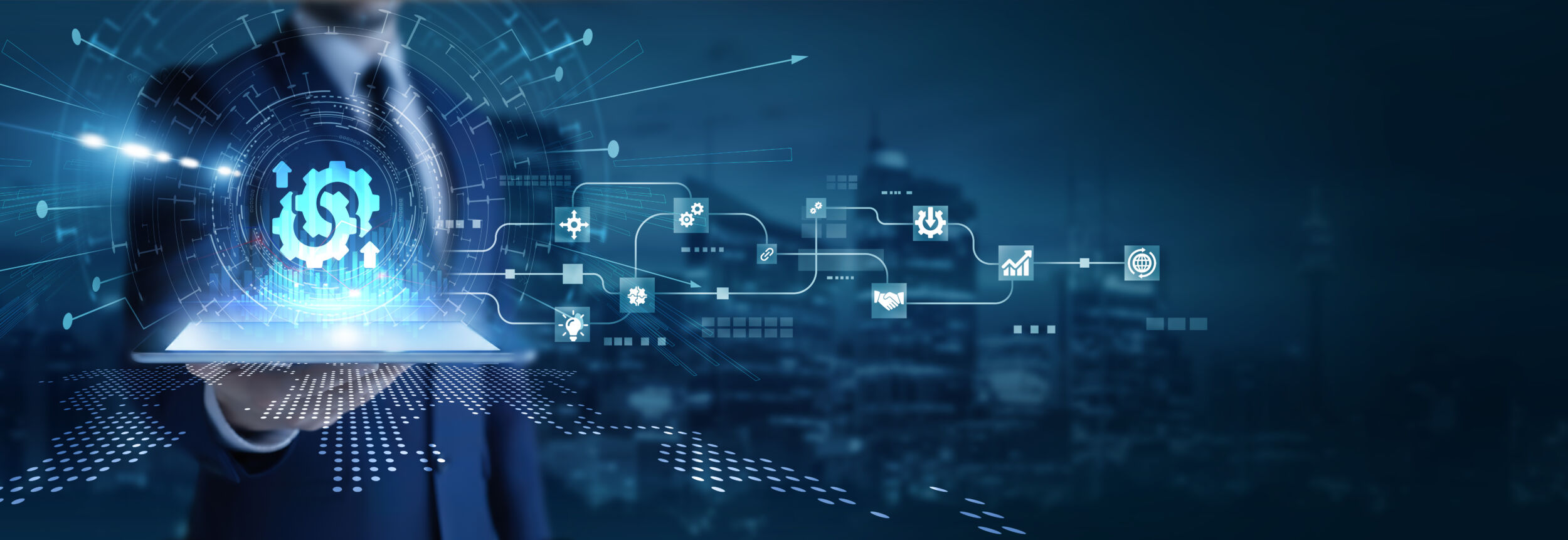 Beiträge 2 Businessman analyzing using tab data on business integration. System unification digital transformation process automation enterprise workflow and technology alignment strategies