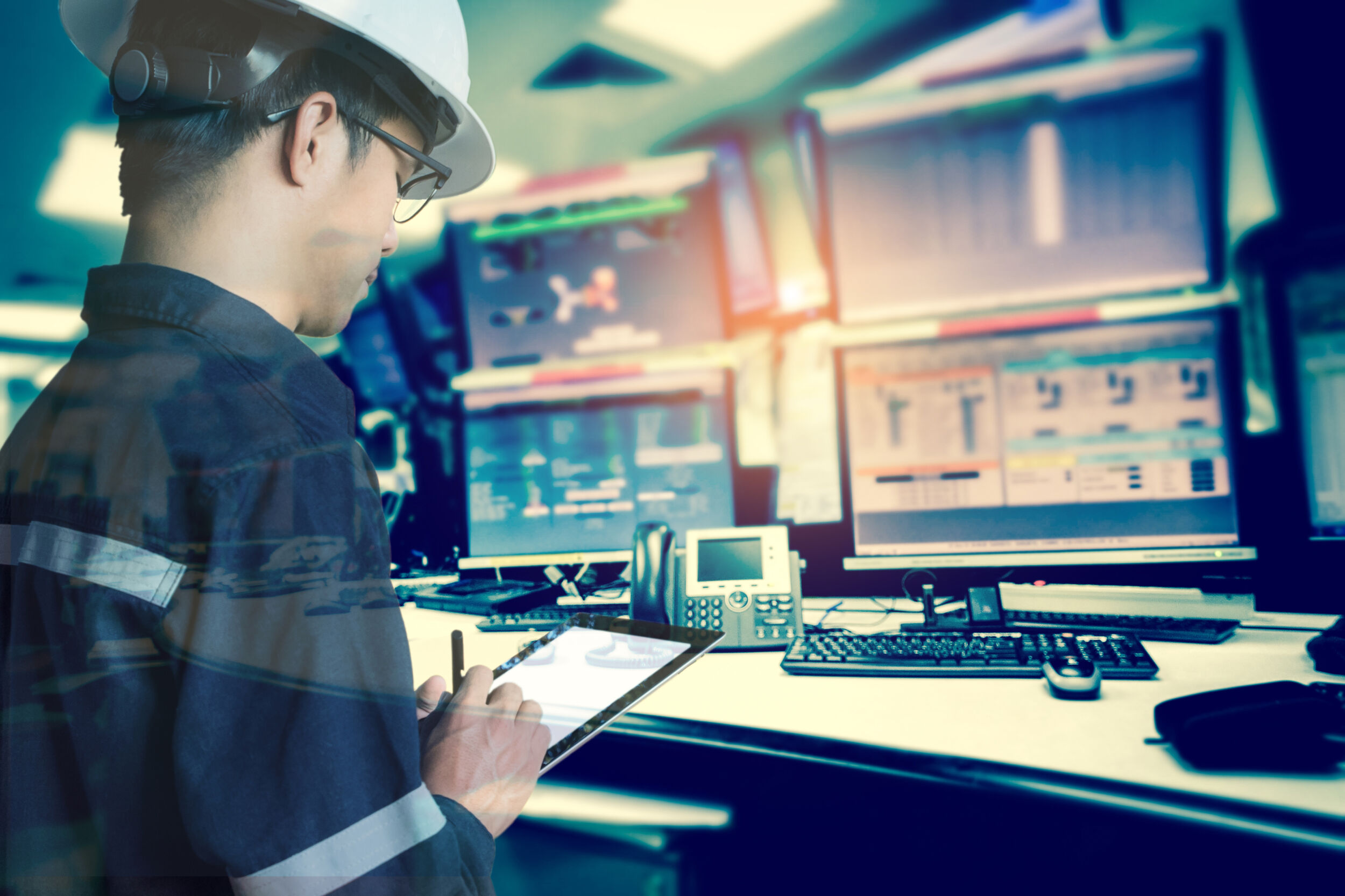 Double exposure of Engineer or Technician man in working shirt