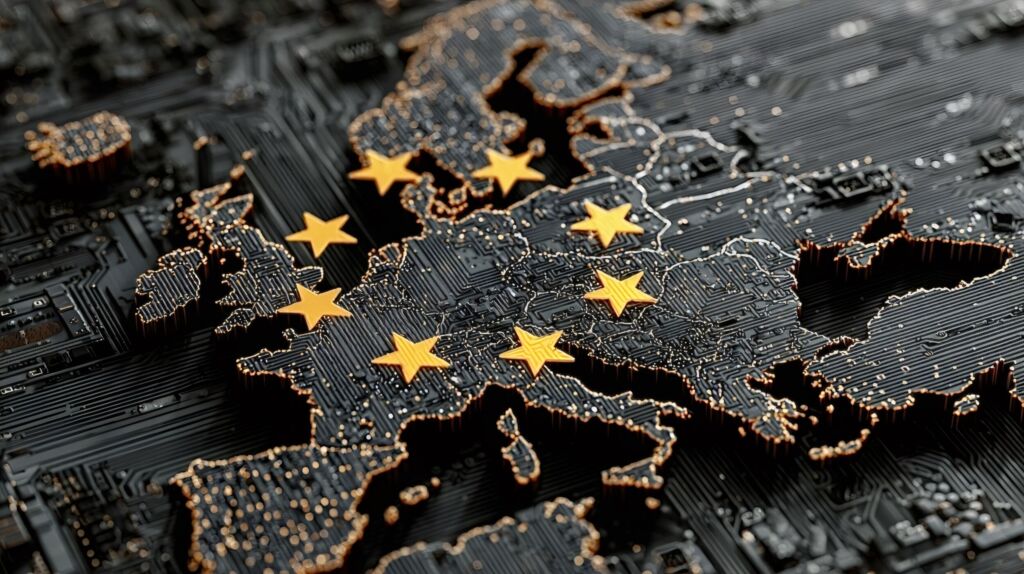 Taskforce soll Europäische Souveränität definieren 1 European union map rendered as a glowing circuit board linking member states with digital pathways to illustrate technological integration data governance and digital sovereignty