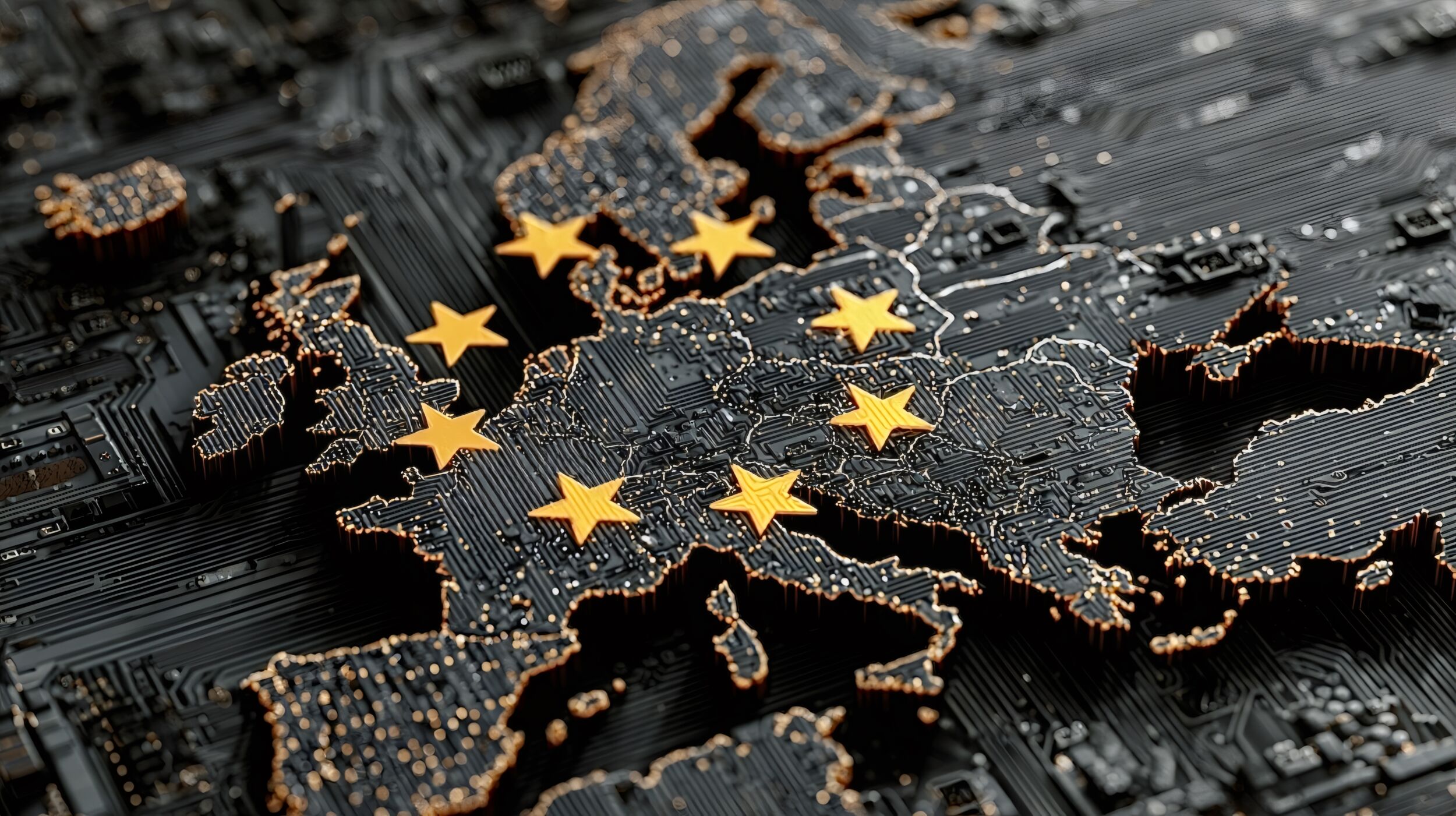 European union map rendered as a glowing circuit board linking member states with digital pathways to illustrate technological integration data governance and digital sovereignty