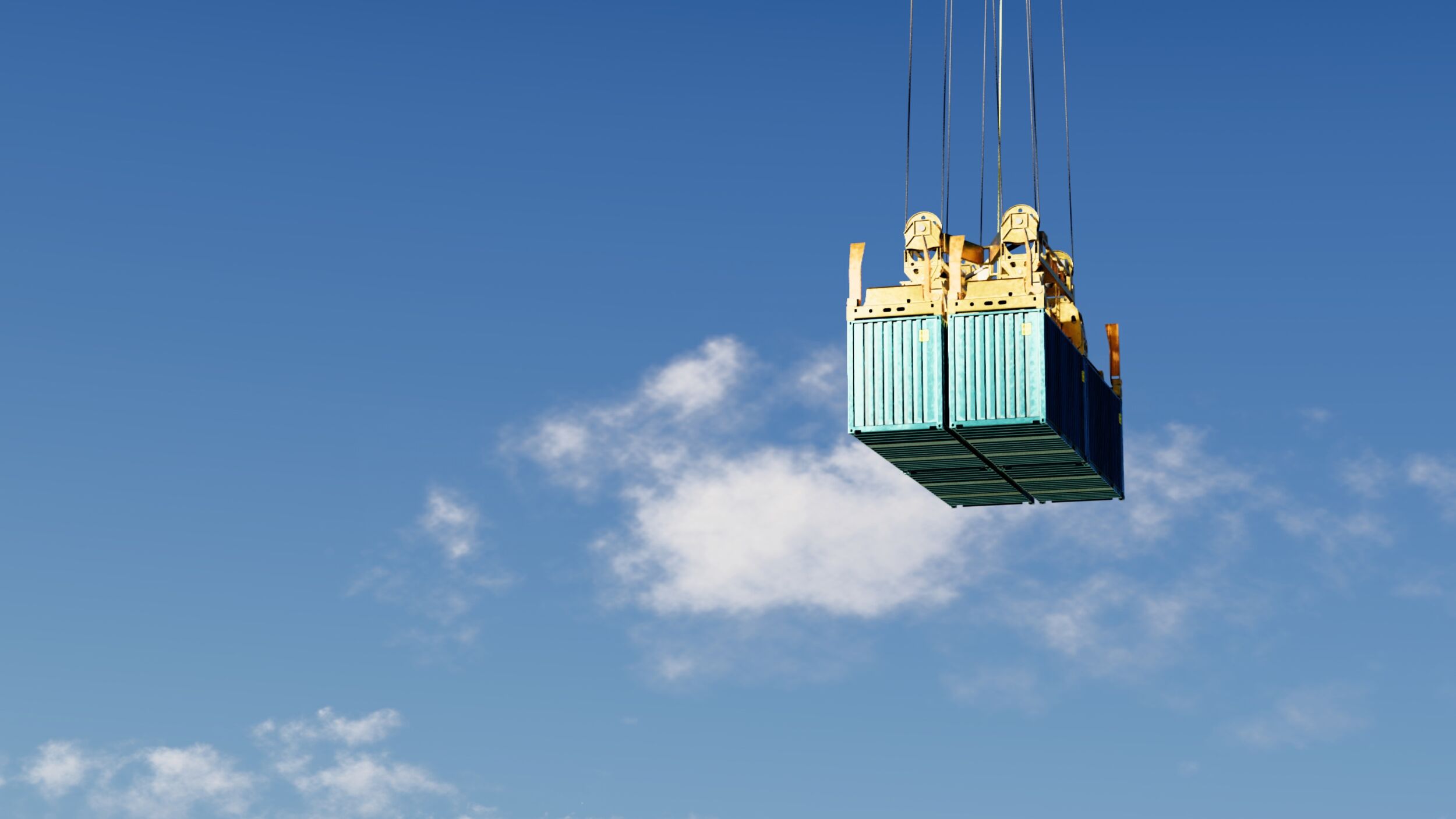 Beiträge 6 Two shipping containers are being lifted by crane against clear blue sky symbolizing global trade and logistics. scene conveys sense of industrial strength and efficiency