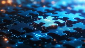 Digital Puzzle Technology Concept Glowing Jigsaw Pieces on Blue
