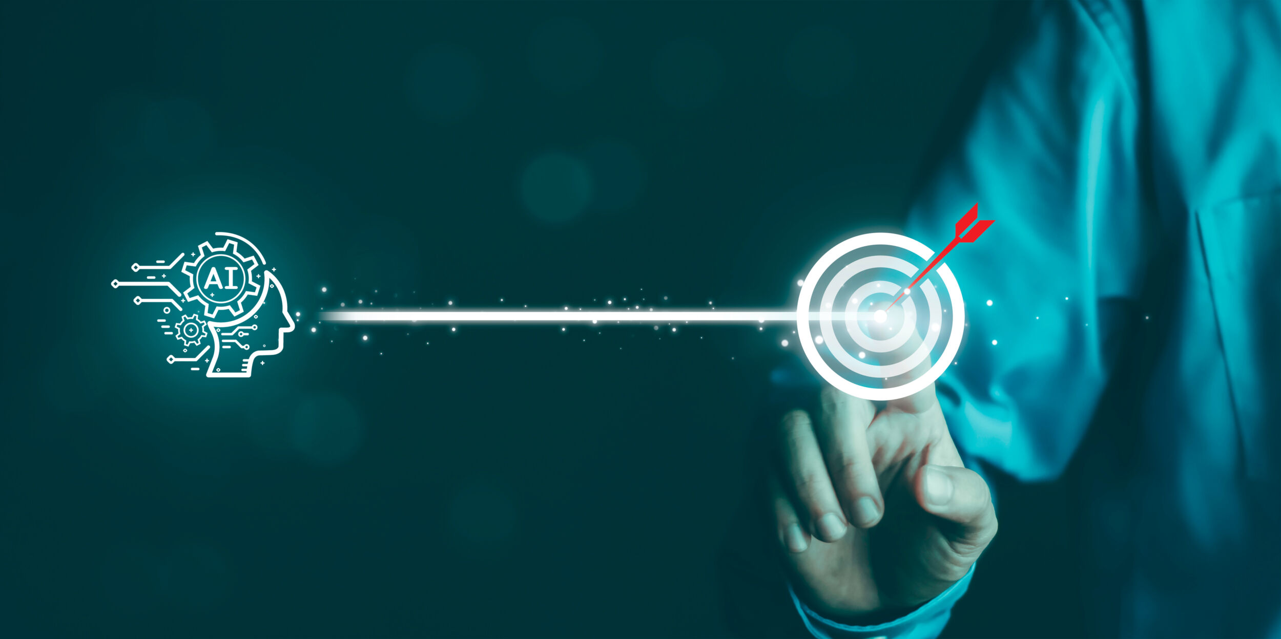 AI driven automation data analysis and smart decision making for achieving business objectives and performance growth. Business hand connecting artificial intelligence system to target goal