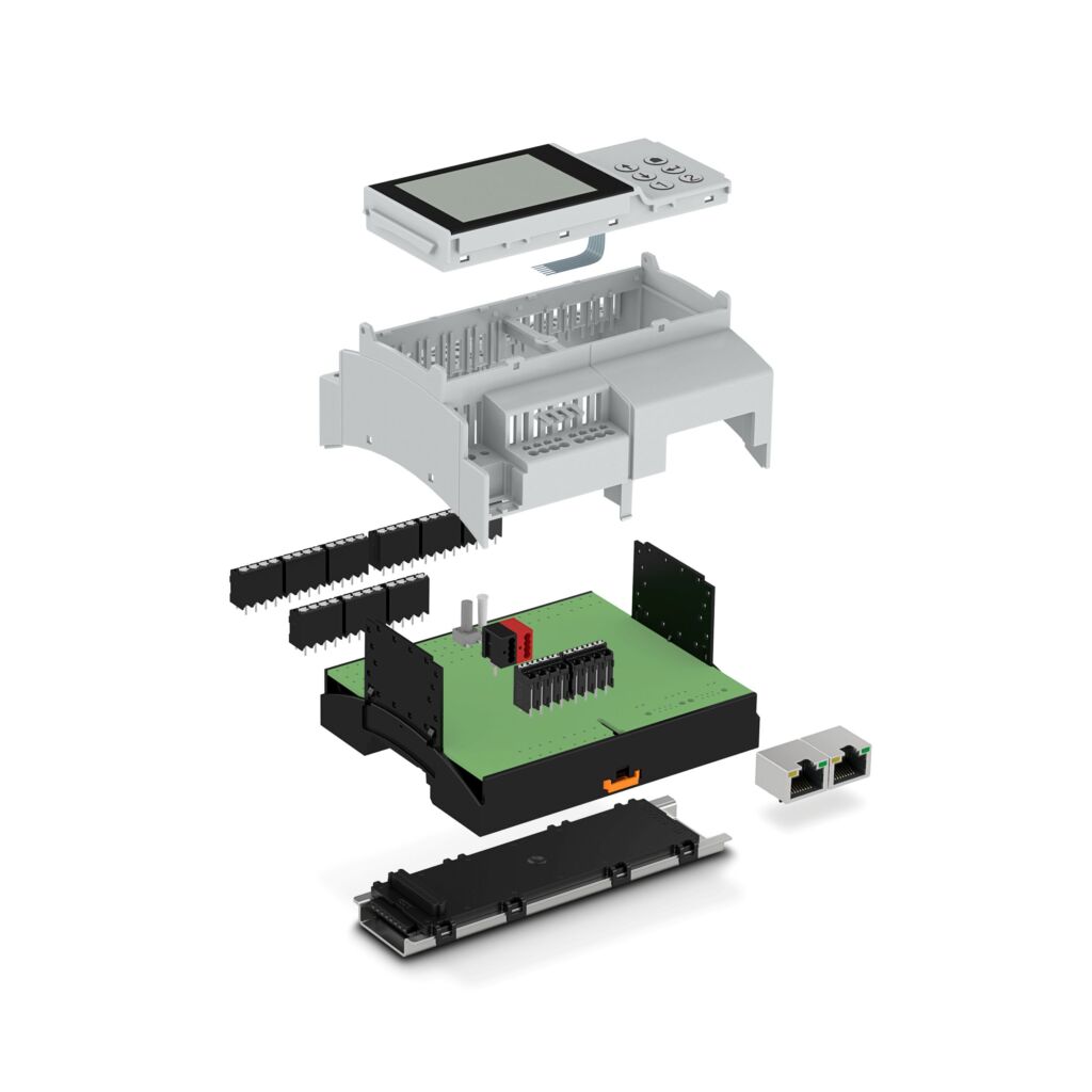 Anzeige- und Bedienlösungen für Elektronikgehäuse in der Gebäudeautomation 2 Alles aus einer Hand: BC modular mit Push-in-Leiterplattenklemmen, Tragschienen-Busverbinder, RJ45-Buchse, Display und Folientastatur von Phoenix Contact.