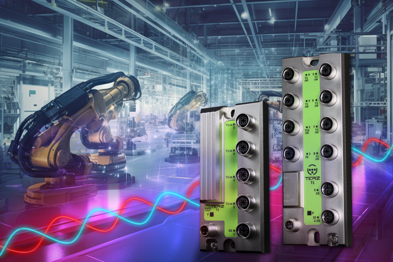 Terz bietet mit seinen Switches eine robuste Ethernet-Kommunikation in der Automatisierung. Links: M12-Ethernet-Switch mit Gigabit-Uplink, rechts: SPE-Switch für die Installation außerhalb des Schaltschranks.