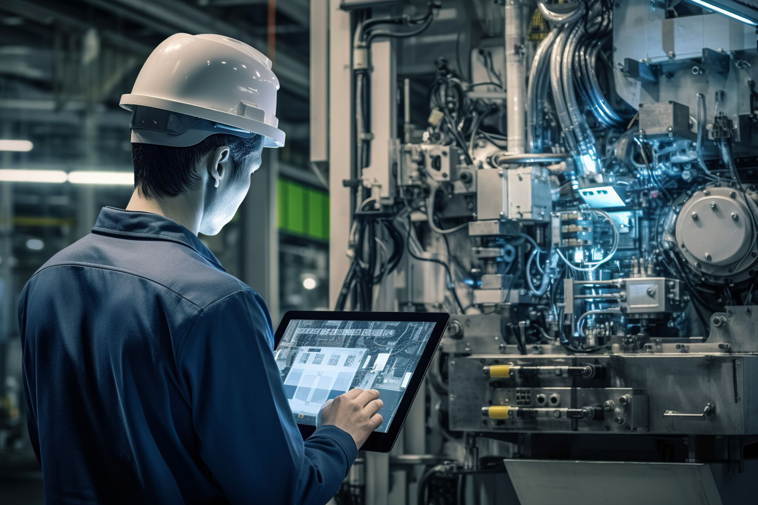 Engineer analyzing maintenance data on a tablet forecasting mac