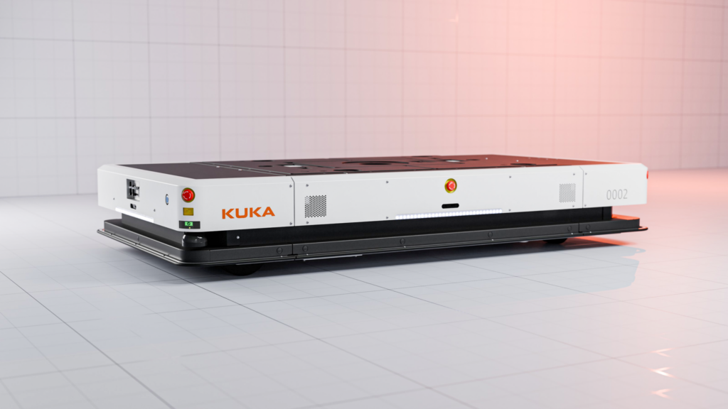 Feel the Flow of Automation 1 Da passt eine Menge drauf: Die brandneue mobile Plattform KMP 3000P ergänzt Kukas Portfolio im Bereich AMR. Sie kann Lasten bis zu drei Tonnen transportieren.