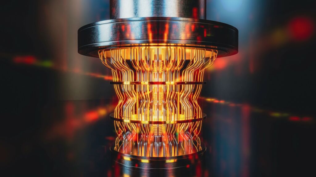 Quententechnologien mit Wertschöpfungspotenzial 1 A futuristic glowing quantum computer unit 3d render