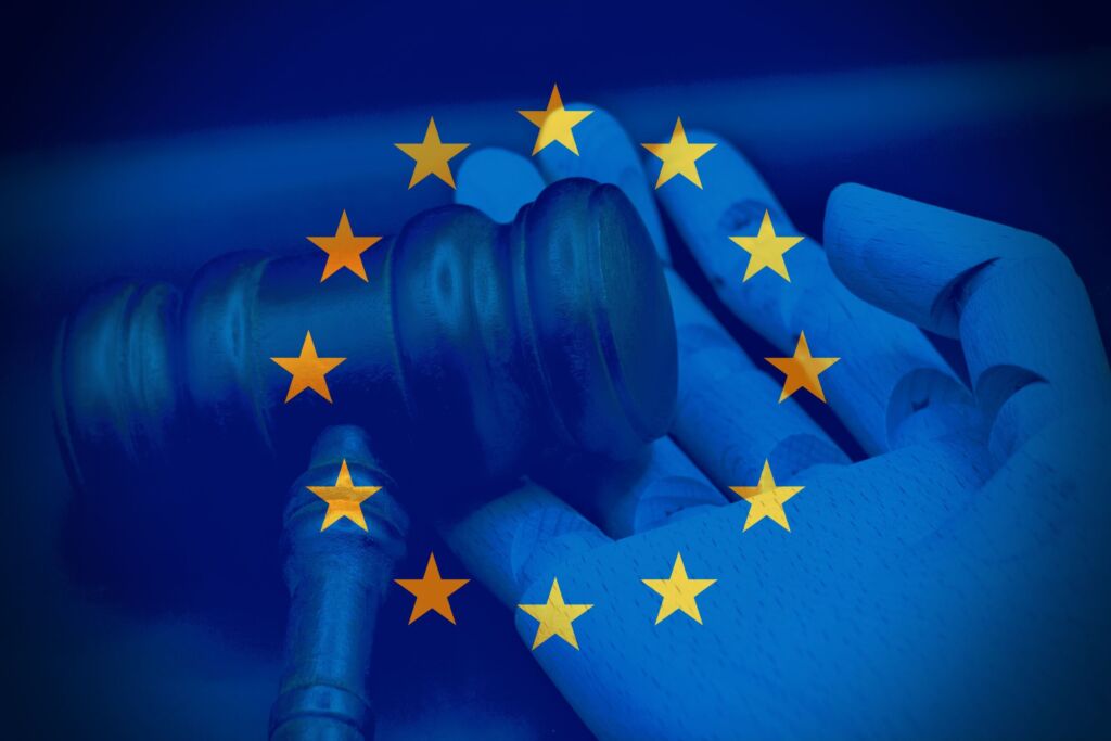 Künstliche Intelligenz: Neue Regeln in Kraft 1 AI Law Policy Regulation in Europe. Illustration Concept Robot Hand and gavel Law Artificial Intelligence Moral Ethic Vector Design with a European Flag.