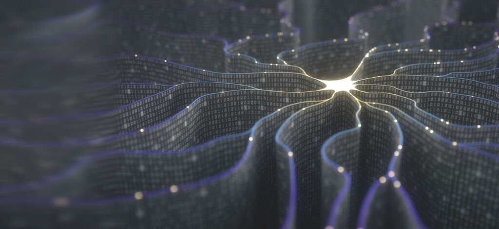 In Forschung führend, Wirtschaft hat Nachholbedarf 1 Artificial neuron in concept of artificial intelligence. Wall-shaped binary codes make transmission lines of pulses and/or information in an analogy to a microchip. Neural network and data transmission.