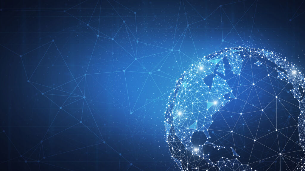 Ein Drittel setzt auf Outsourcing im eigenen Land 1 Blockchain technology futuristic hud background with world globe and blockchain polygon peer to peer network. Global cryptocurrency fintech business banner concept.