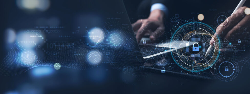 IDC Studie: 60 Prozent der deutschen Organisationen haben oder erwarten einen akuten Security-Fachkräftemangel 1 Cyber security and data protection. Businessman using digital ta 1