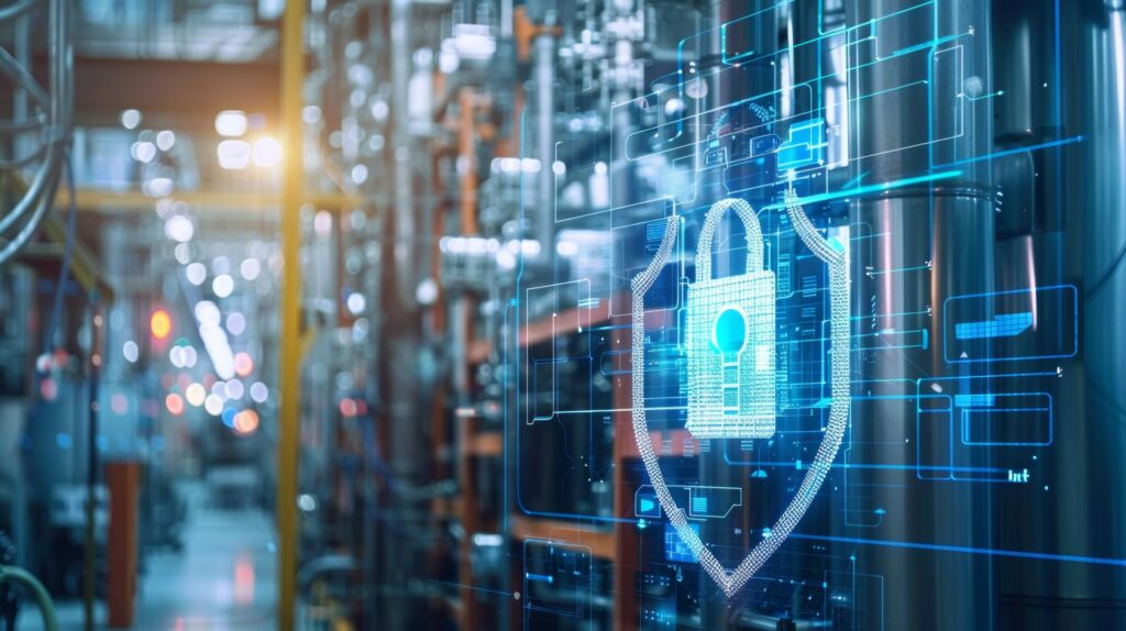 Datenlecks verursachen Rekordkosten 1 Cybersecurity for Industrial Automation.A digital shield protecting a factory network from potential cyberattacks