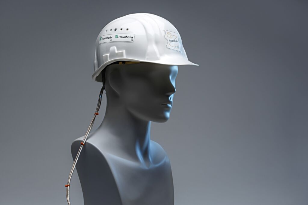 Ein Helm schützt vor Schwingungen 1 Der Piezo-Elektret-Wandler ist unauffällig im inneren Befestigungsriemen des Helms eingearbeitet. Das Foto zeigt einen Demonstrator der Technik.