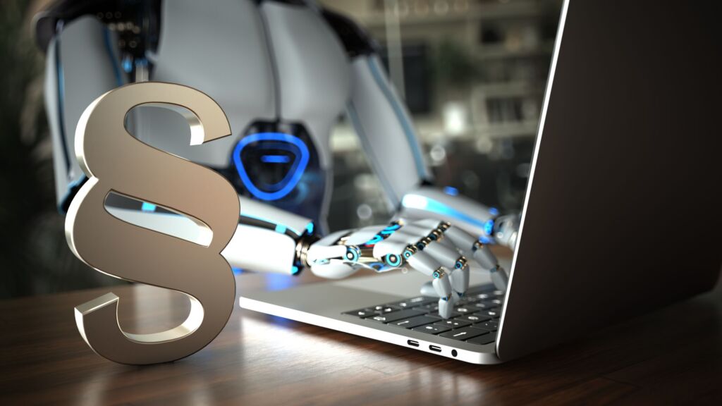 Wie umgehen mit Big Data und KI? 1 Humanoid robot works as an assistant in a law firm. 3d illustration.