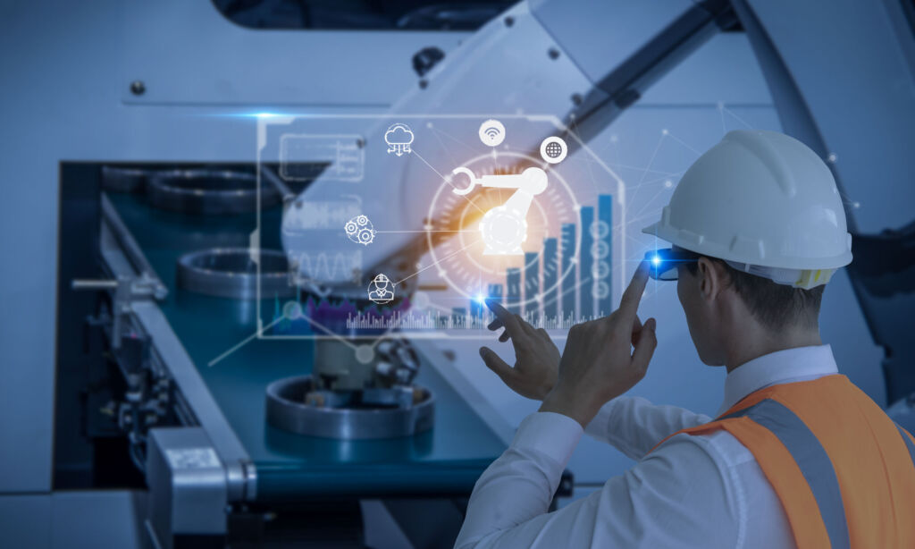 Die AR-Branche wächst zusammen 1 Industry 4.0 Robot concept .Engineers are using virtual AR to ma 1